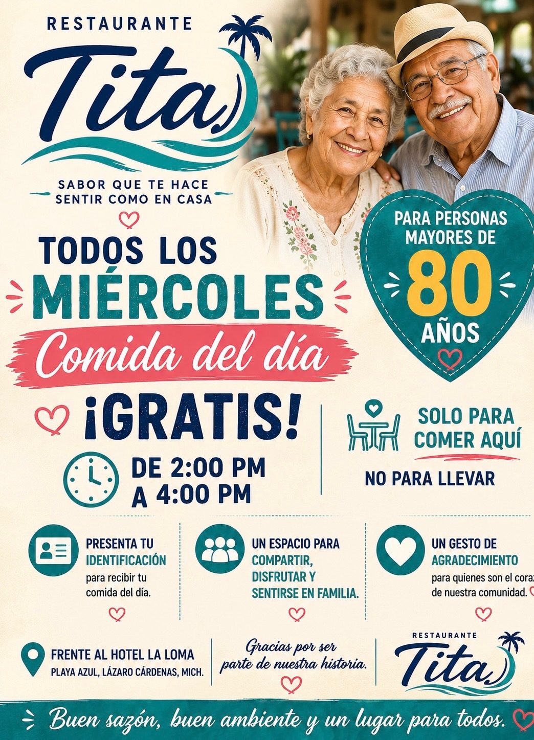 Miércoles: comida del día gratis para personas mayores de 80 años en Restaurante Tita