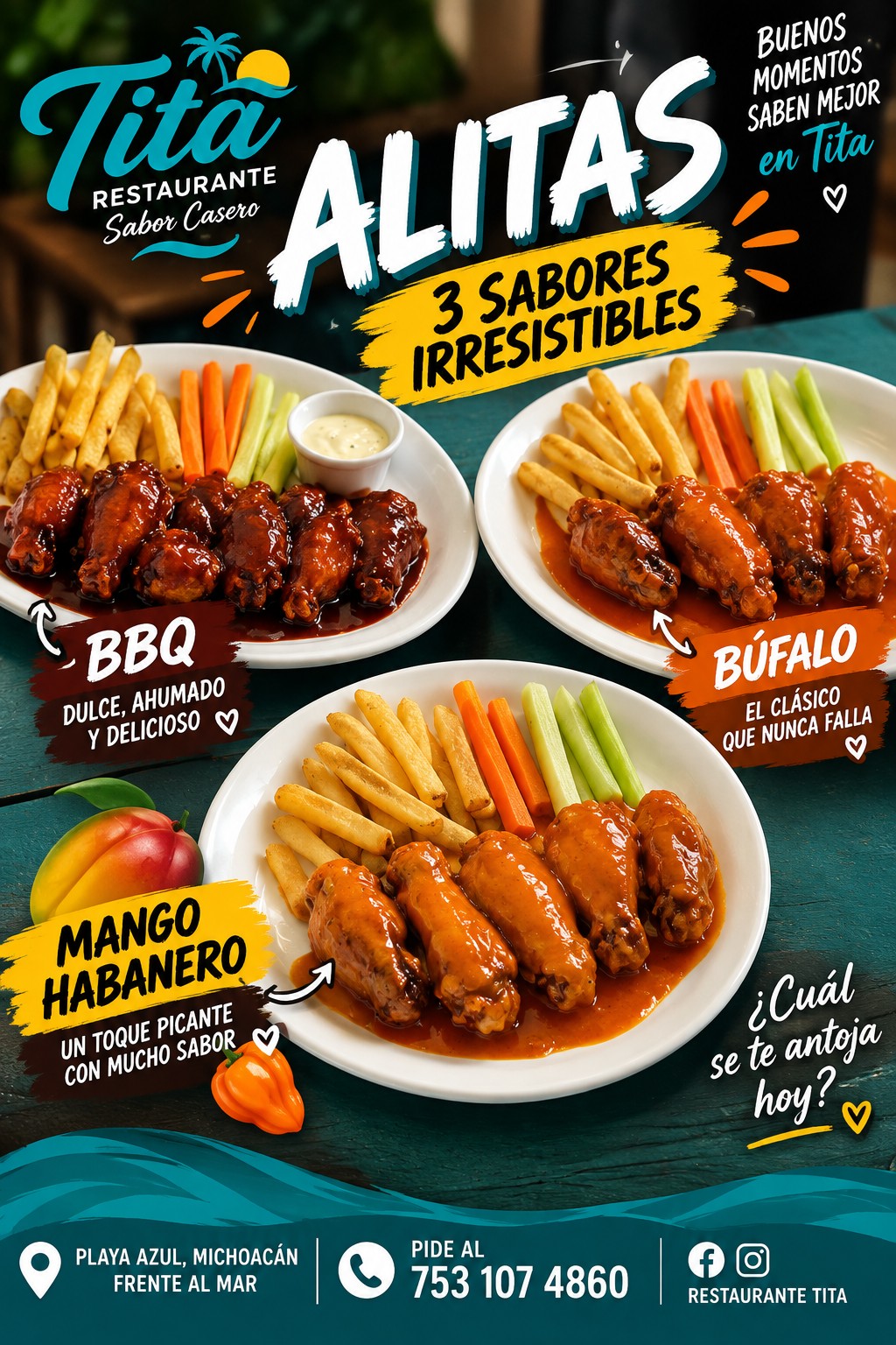 Alitas en 3 sabores irresistibles: BBQ, búfalo y mango habanero — Restaurante Tita, Playa Azul